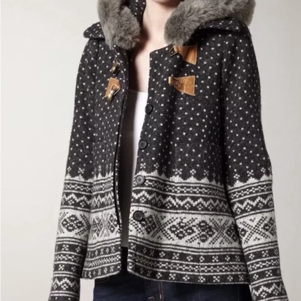 Smythe Fair Isle Fur Trim Hooded Duffle Coat in Dark Grey & Cream - Picture 4 of 11